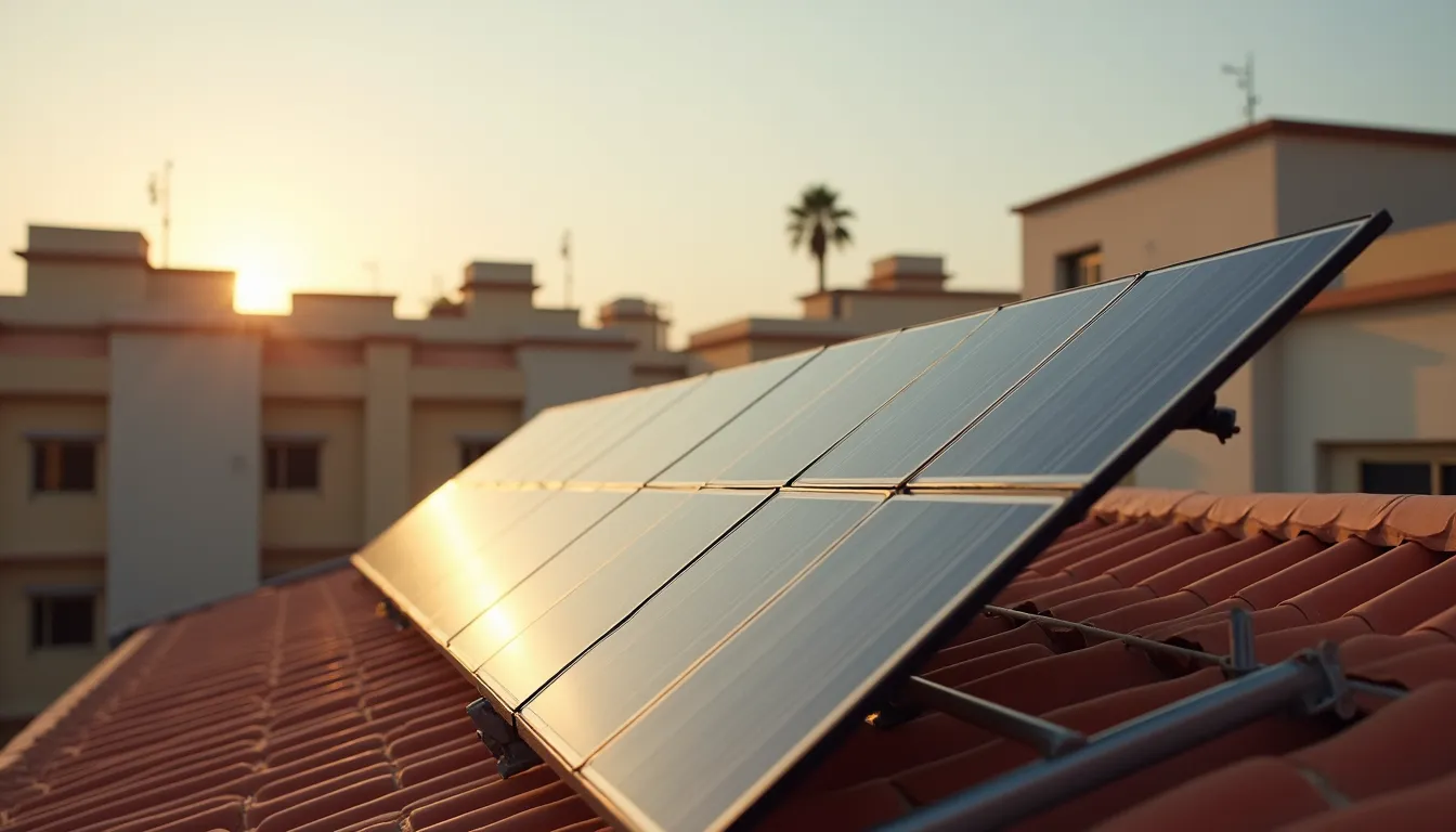 Eye-level view of solar panels installed on urban rooftops in Dakar