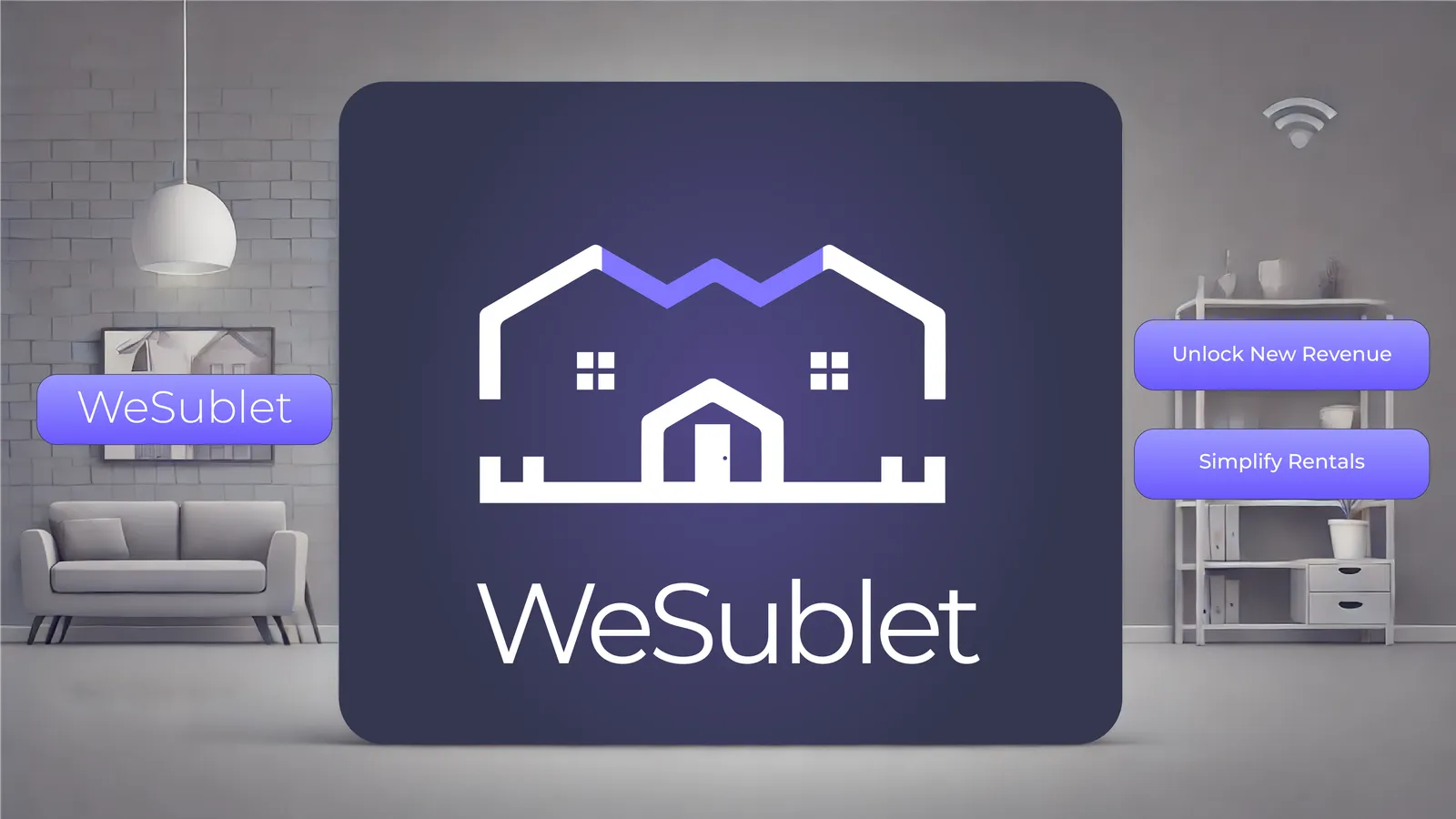 WeSublet logo, a house outline on a dark tile in a furnished room